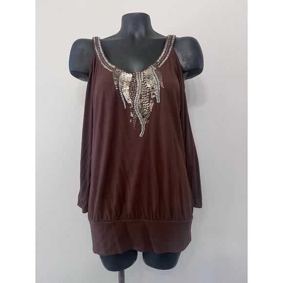 Vintage Cache Top Sz M Metal Heavily Studded Design Keyhole Shoulder Brown Y2K - Picture 1 of 7